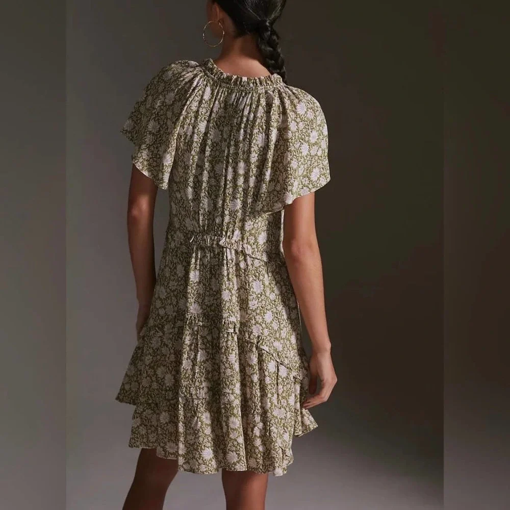 ANTHROPOLOGIE Dress Womens XS Green Robin Tiered Mini Short Sleeve Floral Print - Picture 3 of 16